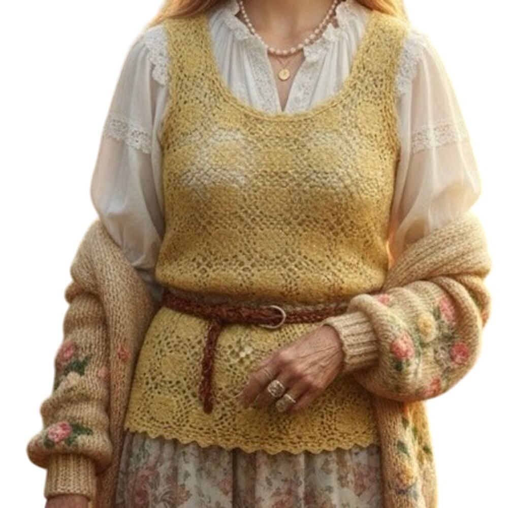 VTG Cache Crochet Top Women Medium Floral Sleeveless Metallic Yellow 90’s Boho